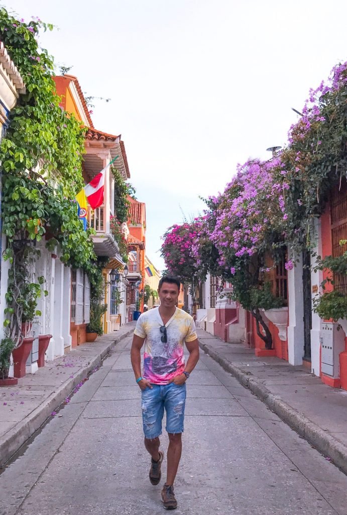 Walled city colorful street in Cartagena